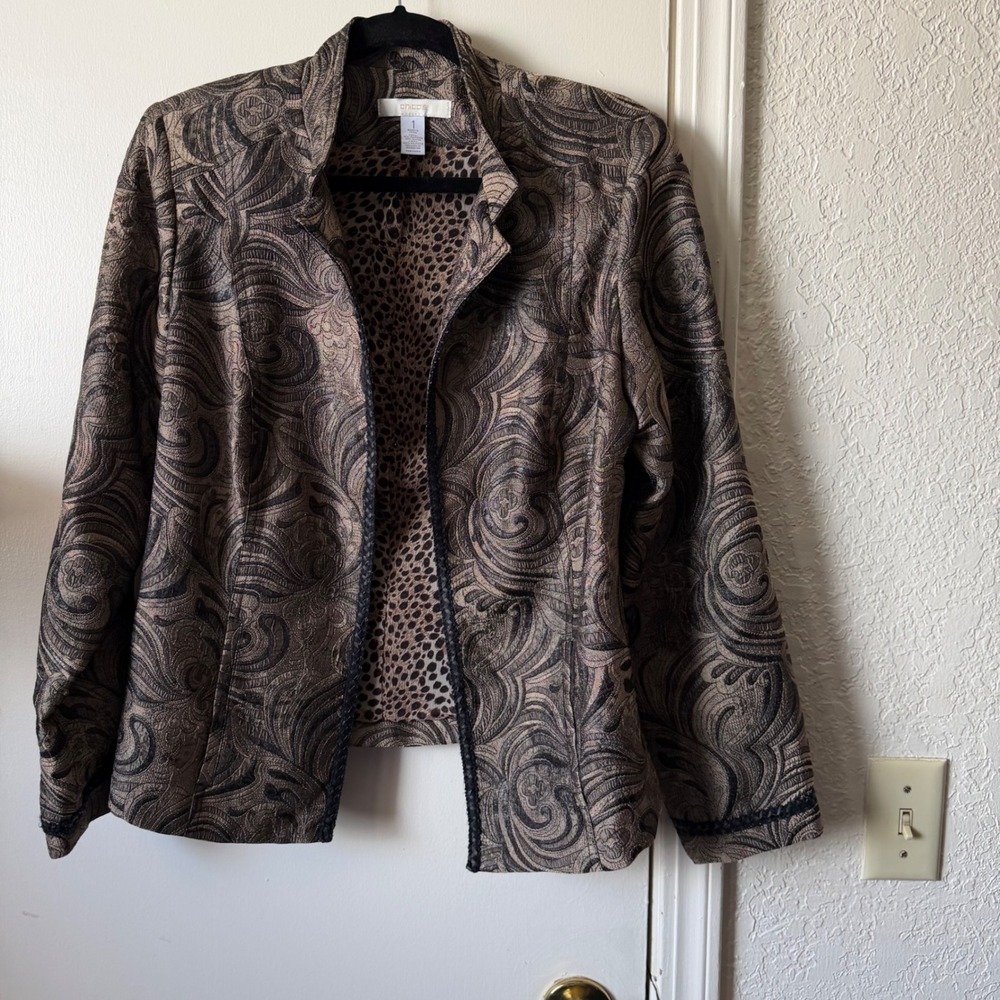 Chico's Metallic Paisley Jacquard Open Front Jacket Leopard Lining Bronze Size 1